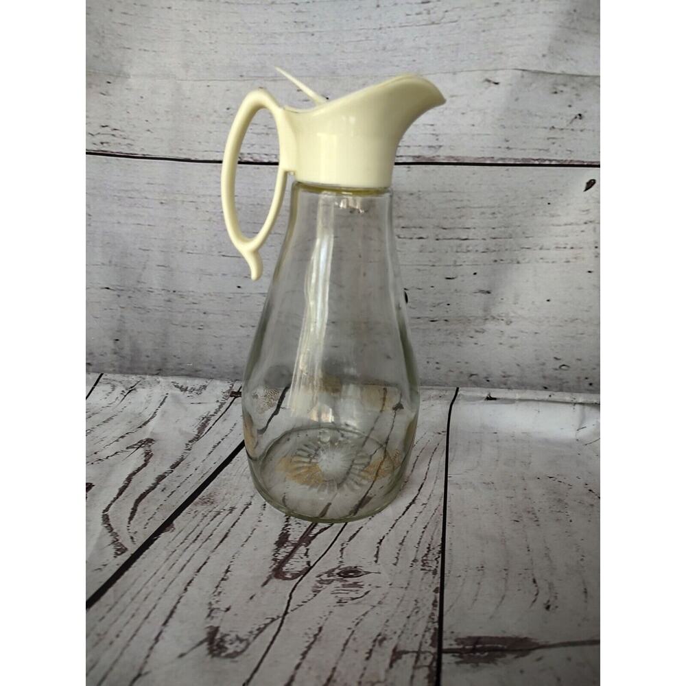 Log Cabin Syrup Pitcher Glass Bottle Eagle Brown Yellow Vintage Kitchen